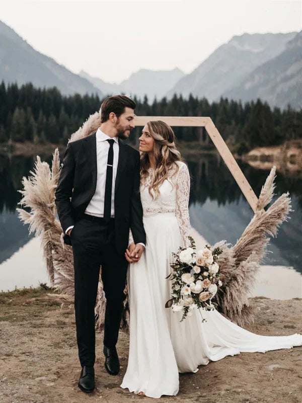 Luolandi Two Pieces Wedding Dresses Lace Long Sleeves A-line Bridal Gowns Elegant